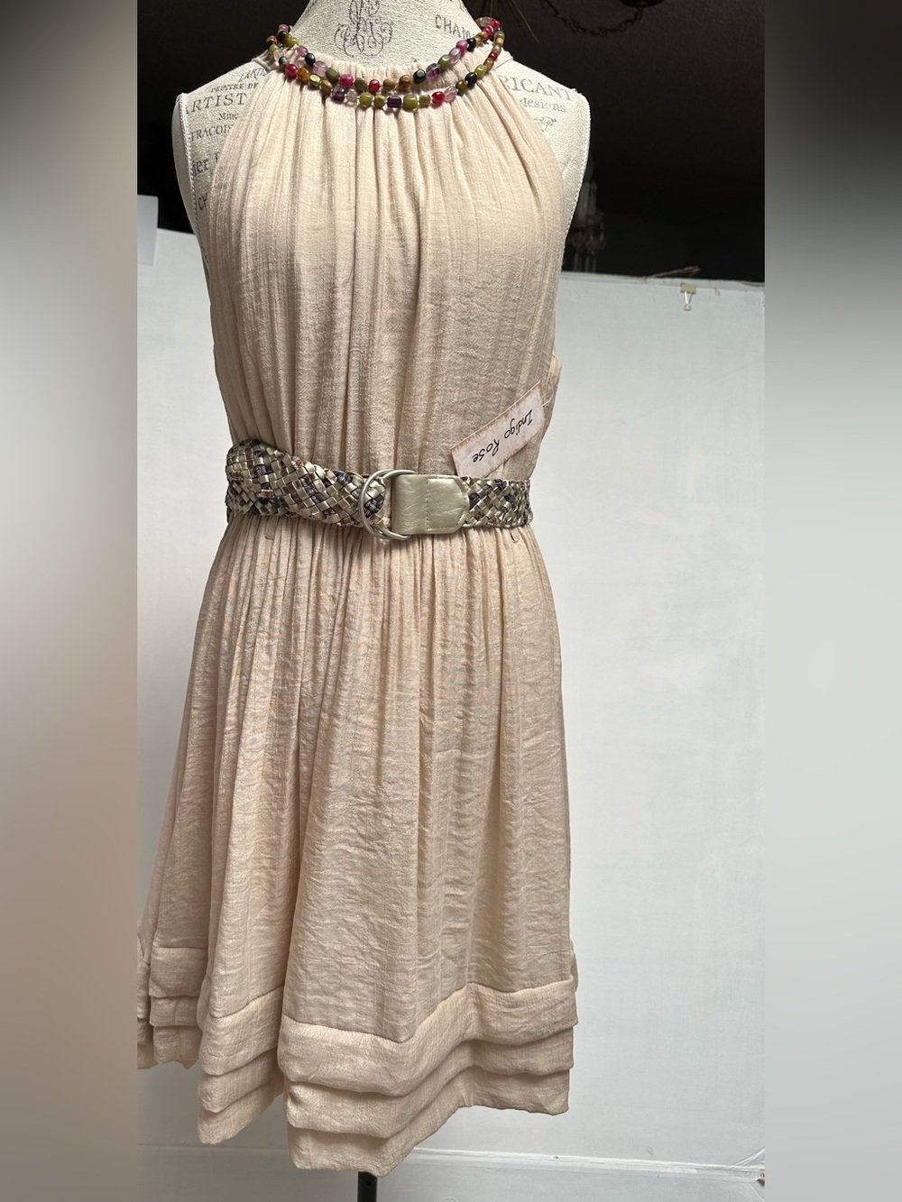 NEW Indigo Rose Dress Halter Taupe/Tan Knee Length Pleated Belted LARGE NWT